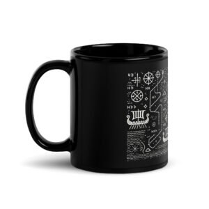 Black glossy ceramic mug with Scandinavian longboat map design.