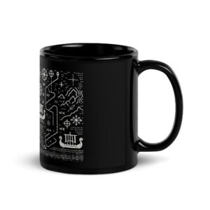 Black glossy ceramic mug with Scandinavian longboat map design.