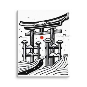 Japanese Torii Gate Canvas Poster featuring a torii gate above ocean waves with a red sun accent, symbolizing Japan’s coastal heritage