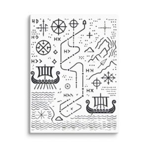 Scandinavian Map Canvas Poster featuring detailed coastal routes and a longboat, inspired by Viking-era exploration and Nordic navigation