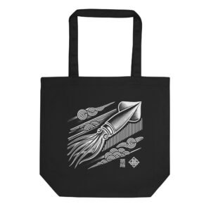 A detailed Japanese Flying Squid design on a minimalist tote bag, inspired by traditional Japanese ink art. The squid appears in motion, with fluid lines and delicate shading, embodying the beauty of marine life.