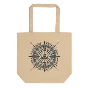Eco-friendly oyster-colored tote bag with northern sea compass design and small longboat in the center.