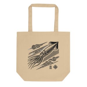 A detailed Japanese Flying Squid design on a minimalist tote bag, inspired by traditional Japanese ink art. The squid appears in motion, with fluid lines and delicate shading, embodying the beauty of marine life.
