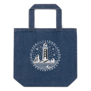 Eco-friendly organic denim tote bag featuring lighthouse design