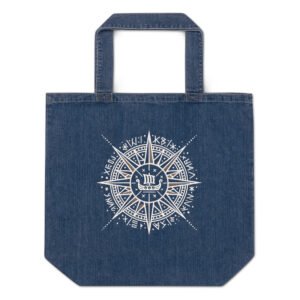 Eco-friendly organic denim nautical tote bag with northern sea compass and small longboat design.