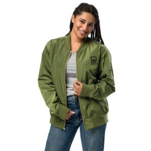 Eco-Friendly D'riftr Bomber Jacket in green, featuring the D'riftr logo, symbolizing ocean waves and minimalist design, made from sustainable materials