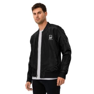 Eco-Friendly D'riftr Bomber Jacket in black, featuring the D'riftr logo, symbolizing ocean waves and minimalist design, made from sustainable materials
