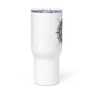 Nautical Compass Travel Mug with a maritime compass and small longboat, designed for explorers and ocean lovers.