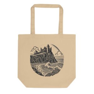 Eco-friendly tote bag featuring a minimalist illustration inspired by Dunluce Castle, an iconic coastal ruin of the British Isles.