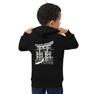 Dark-colored unisex eco-friendly hoodie featuring a Japanese torii gate over waves with a red sun accent, symbolizing tradition and spiritual passage