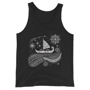 Dark-colored tank top featuring a Polynesian wayfinding storytelling design inspired by traditional navigation.