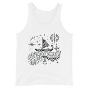 Light-colored tank top featuring a Polynesian wayfinding storytelling design inspired by traditional navigation.