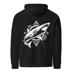 A shortfin mako shark in a minimalist, tattoo-style design, inspired by the waters of the British Isles. The shark is depicted in motion, showcasing its speed and power with clean, bold lines.