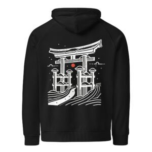 Dark-colored unisex eco-friendly hoodie featuring a Japanese torii gate over waves with a red sun accent, symbolizing tradition and spiritual passage