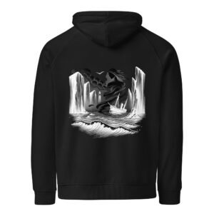 Eco-friendly hoodie featuring a minimalist design of the White Lady, inspired by British Isles folklore and coastal ghost legends.
