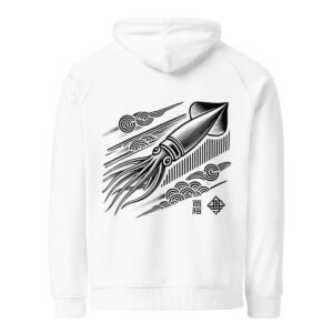 A minimalist Japanese-style illustration of a flying squid soaring above stylized ocean waves, inspired by ukiyo-e woodblock prints. The design features clean, tattoo-style line art with elegant tentacle flow and traditional Japanese detailing.