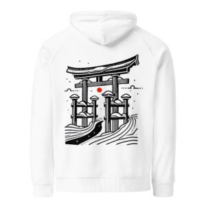 White unisex eco-friendly hoodie featuring a Japanese torii gate over waves with a red sun accent, symbolizing tradition and spiritual passage