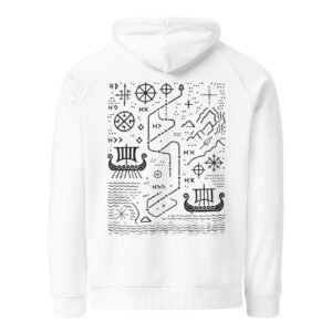 White unisex eco hoodie featuring a Scandinavian-inspired map design, symbolizing Viking navigation and exploration.