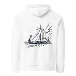 White unisex eco-friendly hoodie featuring a Scandinavian longboat design, inspired by Viking voyages and Nordic seafaring traditions.