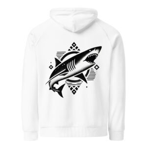 A shortfin mako shark in a minimalist, tattoo-style design, inspired by the waters of the British Isles. The shark is depicted in motion, showcasing its speed and power with clean, bold lines.