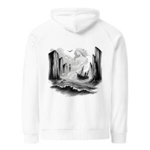 Eco-friendly hoodie featuring a minimalist design of the White Lady, inspired by British Isles folklore and coastal ghost legends.
