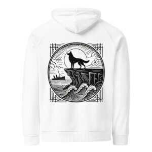 Eco-friendly hoodie featuring a minimalist Black Shuck design, inspired by British Isles folklore and legendary coastal ghost stories.