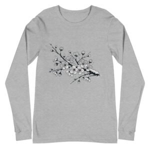 A minimalist cherry blossom branch, lightly dusted with winter snow, depicted in an elegant, Japanese tattoo-style. The design reflects the resilience of sakura trees near coastal landscapes, thriving despite the cold.