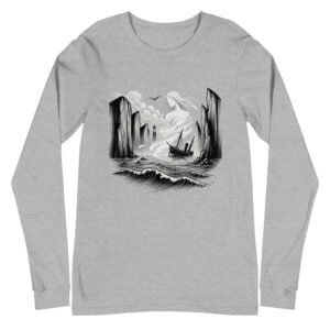 Minimalist long sleeve t-shirt featuring a design inspired by the White Lady ghost legend of the British Isles, blending folklore with coastal heritage.