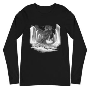 Minimalist long sleeve t-shirt featuring a design inspired by the White Lady ghost legend of the British Isles, blending folklore with coastal heritage.
