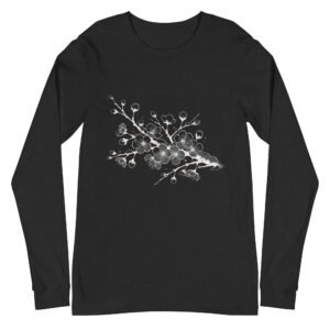 A minimalist cherry blossom branch, lightly dusted with winter snow, depicted in an elegant, Japanese tattoo-style. The design reflects the resilience of sakura trees near coastal landscapes, thriving despite the cold.