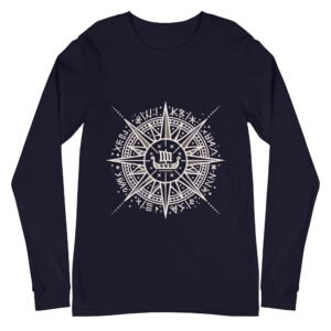 Nautical Compass Long Sleeve T-Shirt featuring a maritime compass with a small longboat, perfect for ocean lovers and adventurers.
