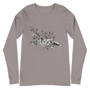 A minimalist cherry blossom branch, lightly dusted with winter snow, depicted in an elegant, Japanese tattoo-style. The design reflects the resilience of sakura trees near coastal landscapes, thriving despite the cold.