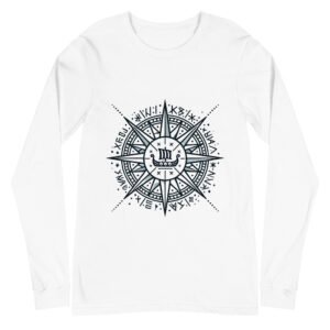 Nautical Compass Long Sleeve T-Shirt featuring a maritime compass with a small longboat, perfect for ocean lovers and adventurers.