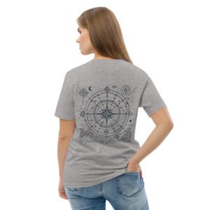 Light-colored organic cotton T-shirt featuring a minimalist Polynesian star navigation design.