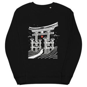 Dark-colored unisex eco-friendly hoodie featuring a Japanese torii gate over waves with a red sun accent, symbolizing tradition and spiritual passage.