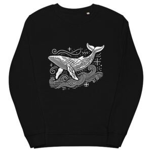 A Scandinavian tattoo-style humpback whale design on an eco-friendly hoodie. The whale’s flowing form is illustrated with bold Nordic-inspired linework.
