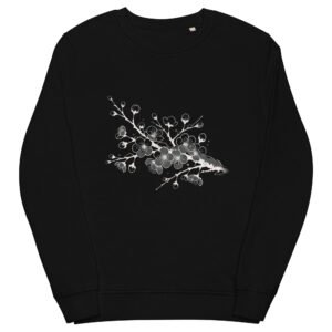 A minimalist tattoo-style design of Japanese Sakura Winter Sweatshirt, inspired by Japan’s coastal winters. The delicate petals contrast with the crisp snow, symbolizing resilience against the seasonal sea breeze.