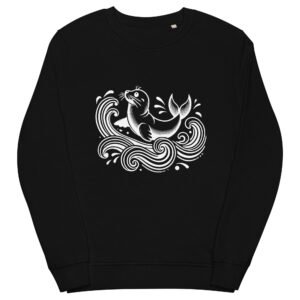 A playful British Isles grey seal, illustrated in a minimalist, black-ink tattoo style, floating above stylized ocean waves. The design reflects the graceful movement of seals along the coastal waters of the British Isles.