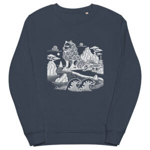 A Japanese Okinawan Shisa in a protective stance, guarding a coastline with waves, mountains, and village homes. The design is bold, minimal, and inspired by traditional Ryukyuan folklore