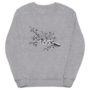 A minimalist tattoo-style design of Japanese Sakura Winter Sweatshirt, inspired by Japan’s coastal winters. The delicate petals contrast with the crisp snow, symbolizing resilience against the seasonal sea breeze.