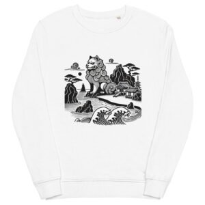 A Japanese Okinawan Shisa in a protective stance, guarding a coastline with waves, mountains, and village homes. The design is bold, minimal, and inspired by traditional Ryukyuan folklore