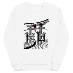 Light-colored unisex eco-friendly hoodie featuring a Japanese torii gate over waves with a red sun accent, symbolizing tradition and spiritual passage.