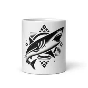A minimalist, tattoo-style shortfin mako shark, depicted in motion with clean, flowing lines. The design embodies the speed and elegance of this North Atlantic predator, tying it to the coastal waters of the British Isles.