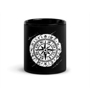 Minimalist Scandinavian compass mug with Nordic and runic elements, inspired by maritime navigation.