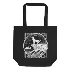 A tote bag featuring a minimalist Black Shuck design, inspired by British Isles folklore and maritime heritage.