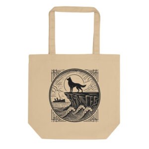 A tote bag featuring a minimalist Black Shuck design, inspired by British Isles folklore and maritime heritage.