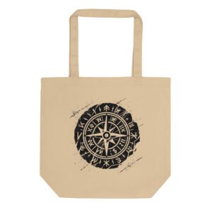 Minimalist Scandinavian compass tote bag with Nordic and runic elements, inspired by maritime navigation.