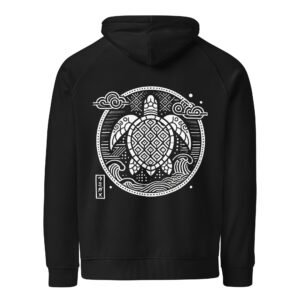 Minimalist Japanese turtle hoodie with a circular frame, geometric background, and subtle negative-space patterns inspired by Japanese culture.