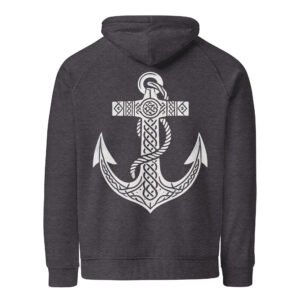 Minimalist anchor design on an eco-friendly hoodie, inspired by the maritime heritage of the British Isles.