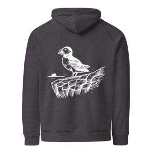 Minimalist British Isles puffin hoodie featuring a puffin standing on a cliff’s edge.